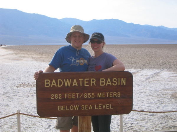 Mark Stickel and Eva Bedegi (Revelle '03) pose for the camera at Badwater Basin in Death Valley National Park.  At -282 feet, Badwater is the lowest point in the western hemisphere.